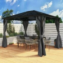 Fortrose 3x4m Black Metal Garden Gazebo With Grey Roof And Sides