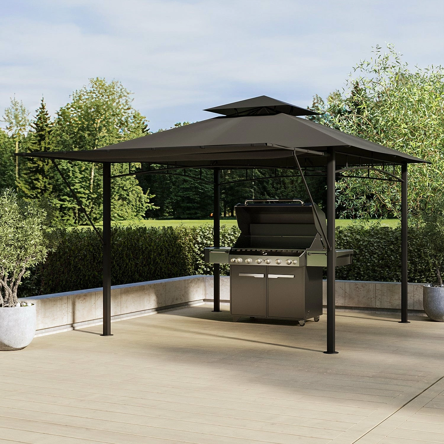 Fortrose 3x3m Black Metal BBQ Shelter Gazebo With Grey Canopy Roof And Retractable Side 2 Fortrose 3x3m Black Metal BBQ Shelter Gazebo With Grey Canopy Roof And Retractable Side - Image 2