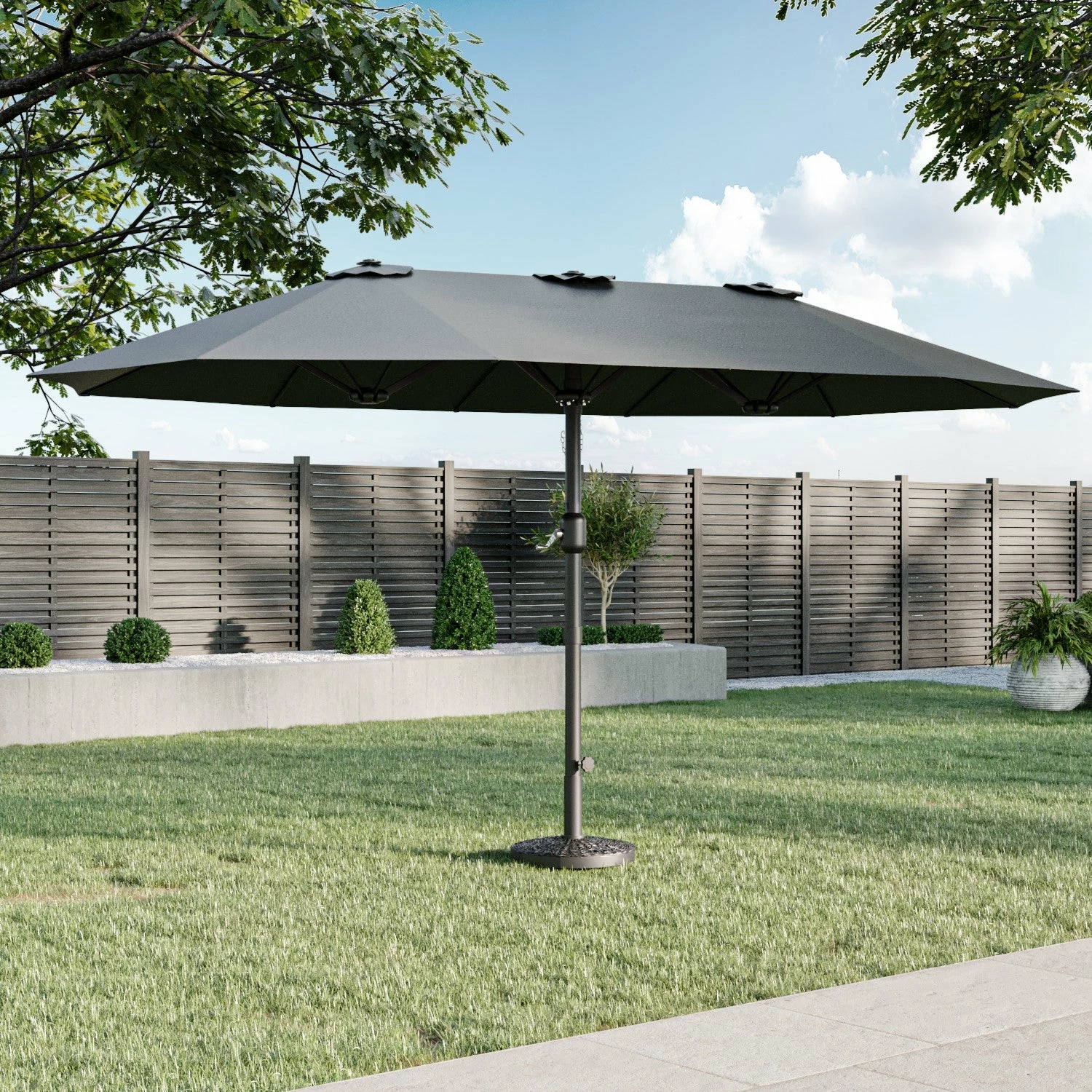 Como 2.7x4.5m Large Double Sided Grey Garden Parasol With Base And Cover 1 Como 2.7x4.5m Large Double Sided Grey Garden Parasol With Base And Cover