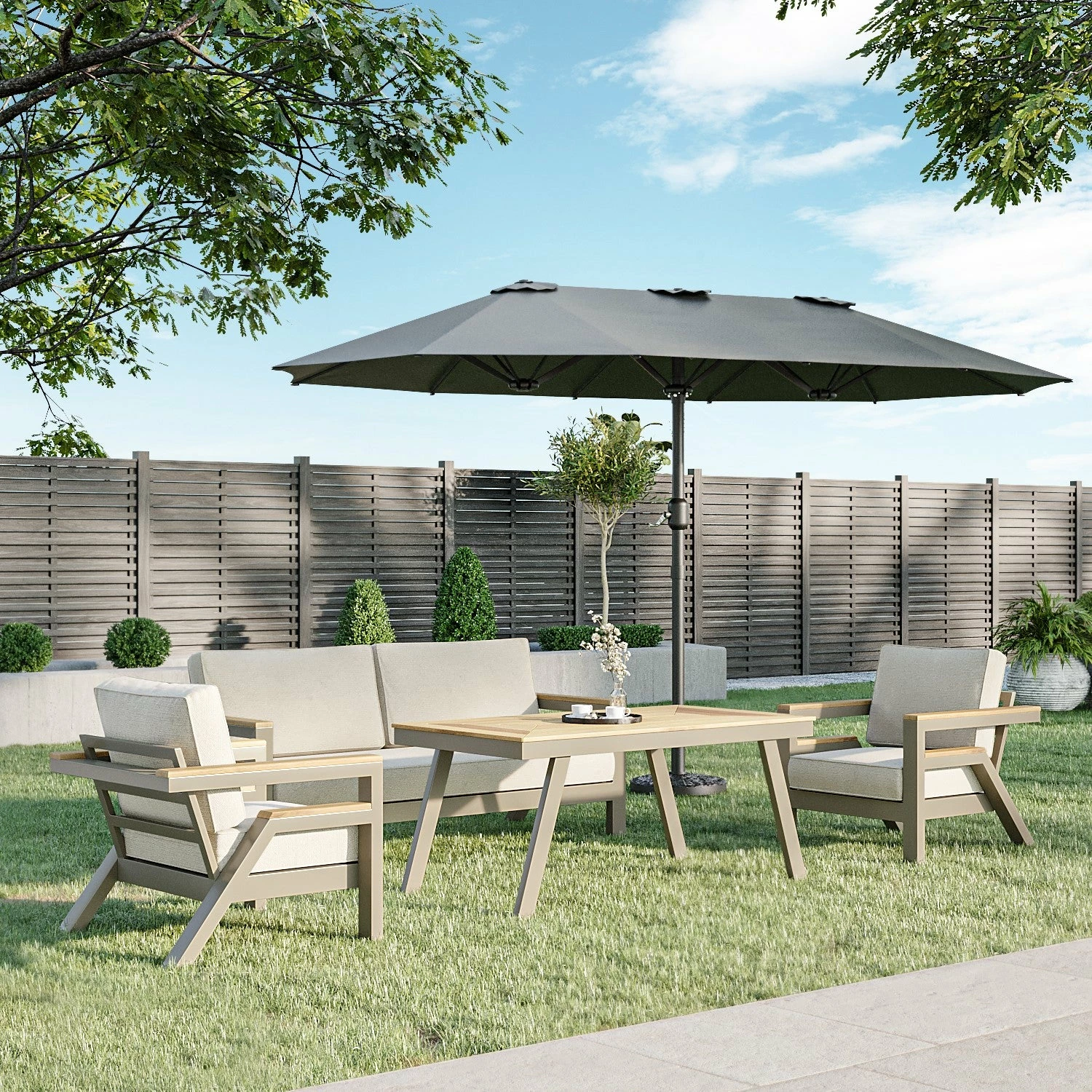 Como 2.7x4.5m Large Double Sided Grey Garden Parasol With Base And Cover 2 Como 2.7x4.5m Large Double Sided Grey Garden Parasol With Base And Cover - Image 2