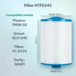 HTF0245/PWW50 50sq Ft Hot Tub Filter - Jacuzzi Lodge S & L, Paradise, Retreat, Look, Mist & Haze -Lay-z spa Shop Model compatibility dims HTF0245