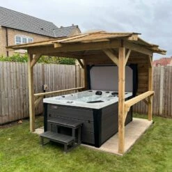 Brentano Wooden Hot Tub Gazebo With Tinted Dome Roof -Lay-z spa Shop OutdoorTopazPLATGREYwithBrentano2xbars1xside Linwood3Square 60580e6c 3cee 4b1f 93e4 bc3525b47b8d